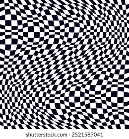 Psychedelic checkerboard pattern. Visually striking design featuring contrast black white colors and trippy geometric shapes. Optical illusions and retro art, mesmerizing visual vector illustration