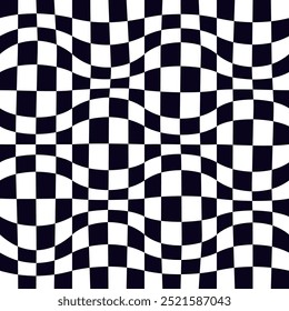 Psychedelic checkerboard pattern. Visually striking design featuring contrast black white colors and trippy geometric shapes. Optical illusions and retro art, mesmerizing visual vector illustration