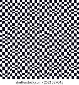 Psychedelic checkerboard pattern. Visually striking design featuring contrast black white colors and trippy geometric shapes. Optical illusions and retro art, mesmerizing visual vector illustration