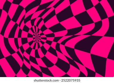 Psychedelic checkerboard pattern. Visually striking design featuring contrast colors and trippy geometric shapes y2k style. Optical illusions retro art, graphic mesmerizing visual vector illustration