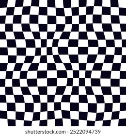 Psychedelic checkerboard pattern. Visually striking design featuring contrast black white colors and trippy geometric shapes. Optical illusions and retro art, mesmerizing visual vector illustration