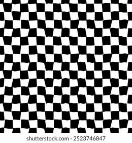 Psychedelic checkerboard pattern. Visually striking design featuring contrast black white colors and trippy geometric shapes. Optical illusions and retro art, mesmerizing visual vector illustration