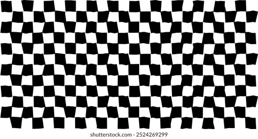 Psychedelic checkerboard pattern. Visually striking design featuring contrast black white colors and trippy geometric shapes. Optical illusions and retro art, mesmerizing visual vector illustration