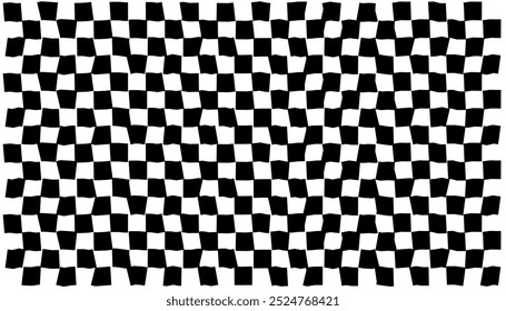 Psychedelic checkerboard pattern. Visually striking design featuring contrast black white colors and trippy geometric shapes. Optical illusions and retro art, mesmerizing visual vector illustration