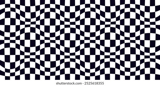 Psychedelic checkerboard pattern. Visually striking design featuring contrast black white colors and trippy geometric shapes. Optical illusions and retro art, mesmerizing visual vector illustration