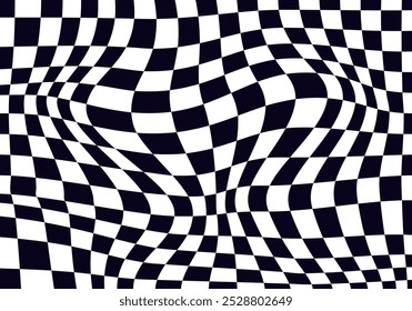 Psychedelic checkerboard pattern. Visually striking design featuring contrast black white colors and trippy geometric shapes. Optical illusions and retro art, mesmerizing visual vector illustration