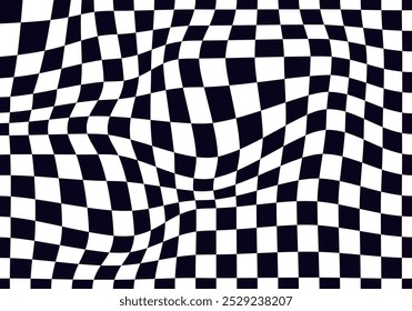 Psychedelic checkerboard pattern. Visually striking design featuring contrast black white colors and trippy geometric shapes. Optical illusions and retro art, mesmerizing visual vector illustration