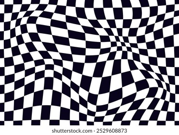 Psychedelic checkerboard pattern. Visually striking design featuring contrast black white colors and trippy geometric shapes. Optical illusions and retro art, mesmerizing visual vector illustration