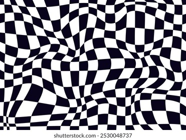 Psychedelic checkerboard pattern. Visually striking design featuring contrast black white colors and trippy geometric shapes. Optical illusions and retro art, mesmerizing visual vector illustration