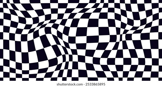 Psychedelic checkerboard pattern. Visually striking design featuring contrast black white colors and trippy geometric shapes. Optical illusions and retro art, mesmerizing visual vector illustration