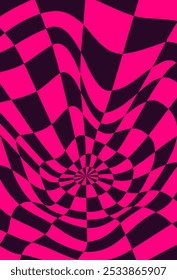 Psychedelic checkerboard pattern. Visually striking design featuring contrast black white colors and trippy geometric shapes. Optical illusions and retro art, mesmerizing visual vector illustration