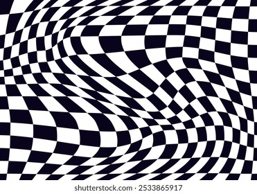 Psychedelic checkerboard pattern. Visually striking design featuring contrast black white colors and trippy geometric shapes. Optical illusions and retro art, mesmerizing visual vector illustration