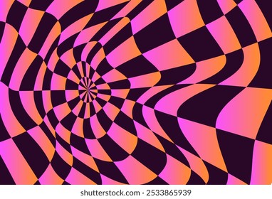 Psychedelic checkerboard pattern. Visually striking design featuring contrast colors and trippy geometric shapes y2k style. Optical illusions retro art, graphic mesmerizing visual vector illustration