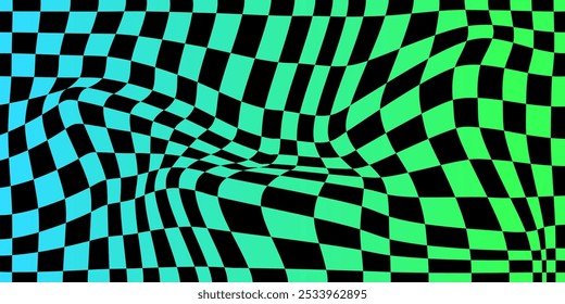 Psychedelic checkerboard pattern. Visually striking design featuring contrast colors and trippy geometric shapes y2k style. Optical illusions retro art, graphic mesmerizing visual vector illustration