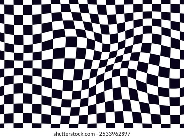 Psychedelic checkerboard pattern. Visually striking design featuring contrast black white colors and trippy geometric shapes. Optical illusions and retro art, mesmerizing visual vector illustration