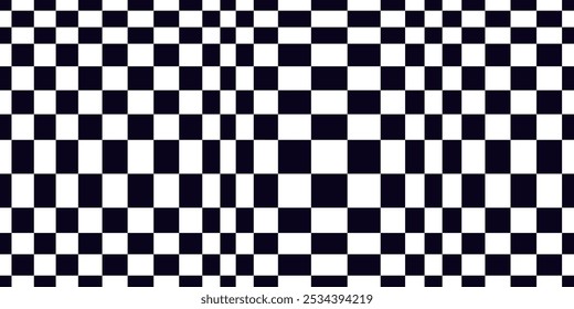 Psychedelic checkerboard pattern. Visually striking design featuring contrast black white colors and trippy geometric shapes. Optical illusions and retro art, mesmerizing visual vector illustration