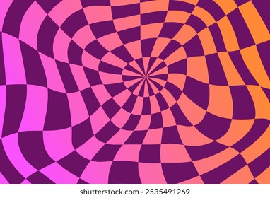 Psychedelic checkerboard pattern. Visually striking design featuring contrast colors and trippy geometric shapes y2k style. Optical illusions retro art, graphic mesmerizing visual vector illustration