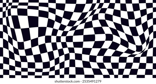 Psychedelic checkerboard pattern. Visually striking design featuring contrast black white colors and trippy geometric shapes. Optical illusions and retro art, mesmerizing visual vector illustration