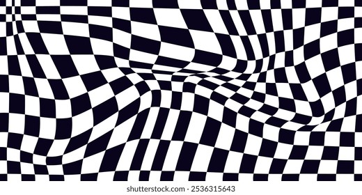 Psychedelic checkerboard pattern. Visually striking design featuring contrast black white colors and trippy geometric shapes. Optical illusions and retro art, mesmerizing visual vector illustration