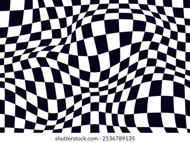 Psychedelic checkerboard pattern. Visually striking design featuring contrast black white colors and trippy geometric shapes. Optical illusions and retro art, mesmerizing visual vector illustration