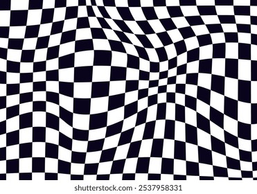 Psychedelic checkerboard pattern. Visually striking design featuring contrast black white colors and trippy geometric shapes. Optical illusions and retro art, mesmerizing visual vector illustration