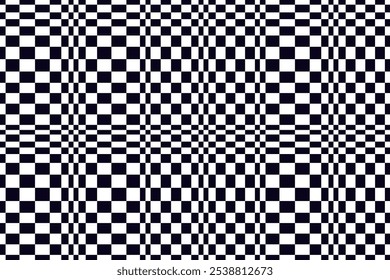 Psychedelic checkerboard pattern. Visually striking design featuring contrast black white colors and trippy geometric shapes. Optical illusions and retro art, mesmerizing visual vector illustration