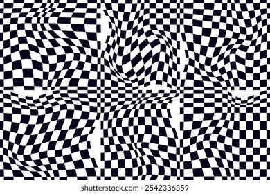 Psychedelic checkerboard pattern. Visually striking design featuring contrast black white colors and trippy geometric shapes. Optical illusions and retro art, mesmerizing visual vector illustration