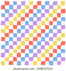 Psychedelic checkerboard pattern. Visually striking design featuring pastel colors and trippy geometric shapes groovy style. Optical illusions retro art, graphic mesmerizing visual vector illustration