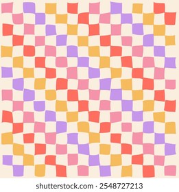 Psychedelic checkerboard pattern. Visually striking design featuring pastel colors and trippy geometric shapes groovy style. Optical illusions retro art, graphic mesmerizing visual vector illustration