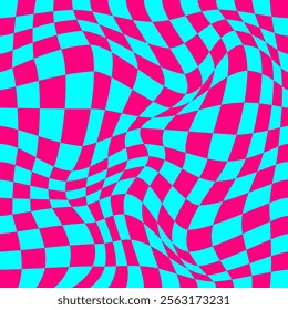 Psychedelic checkerboard pattern. Visually striking design featuring contrast black white colors and trippy geometric shapes. Optical illusions and retro art, mesmerizing visual vector illustration