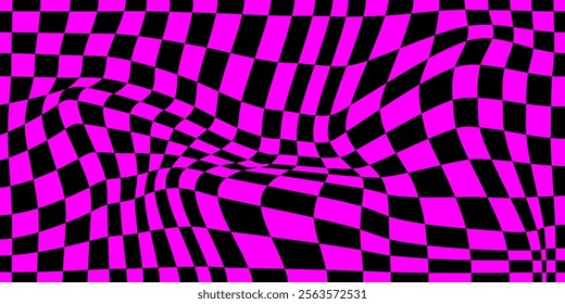 Psychedelic checkerboard pattern. Visually striking design featuring contrast black white colors and trippy geometric shapes. Optical illusions and retro art, mesmerizing visual vector illustration