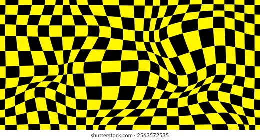 Psychedelic checkerboard pattern. Visually striking design featuring contrast black white colors and trippy geometric shapes. Optical illusions and retro art, mesmerizing visual vector illustration