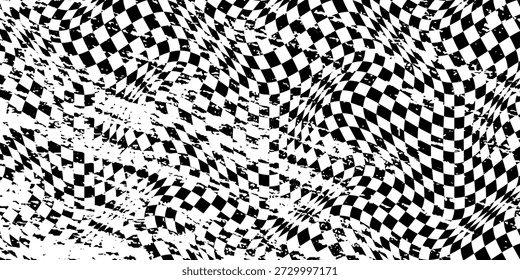 Padrão de tabuleiro de xadrez psicodélico com cheques ondulados preto branco e distorção retro dos anos 90. Efeitos de dobra geométrica abstratos para tecidos Y2K trippy ou ilusões surreais. Telhas de vetor sem costura óptico.