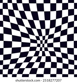 Psychedelic checkerboard or race flag. Visually striking design featuring black white colors. Trippy geometric shapes. Optical illusions, retro art, mesmerizing visual vintage vector illustration