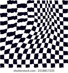 Psychedelic checkerboard or race flag. Visually striking design featuring black white colors. Trippy geometric shapes. Optical illusions, retro art, mesmerizing visual vintage vector illustration