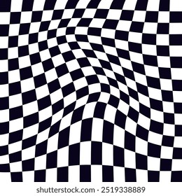 Psychedelic checkerboard or race flag. Visually striking design featuring black white colors. Trippy geometric shapes. Optical illusions, retro art, mesmerizing visual vintage vector illustration