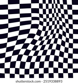 Psychedelic checkerboard or race flag. Visually striking design featuring black white colors. Trippy geometric shapes. Optical illusions, retro art, mesmerizing visual vintage vector illustration