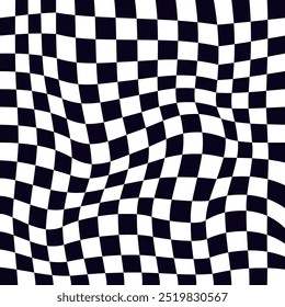Tablero de ajedrez psicodélico o bandera de carrera. Diseño visualmente llamativo con colores blanco y negro. Trippy Formas geométricas. Ilusiones ópticas, arte retro, fascinante Ilustración vectorial visual vintage