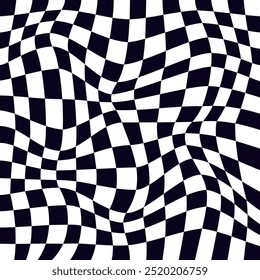 Psychedelic checkerboard or race flag. Visually striking design featuring black white colors. Trippy geometric shapes. Optical illusions, retro art, mesmerizing visual vintage vector illustration