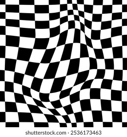 Psychedelic checkerboard or race flag. Visually striking design featuring black white colors. Trippy geometric shapes. Optical illusions, retro art, mesmerizing visual vintage vector illustration