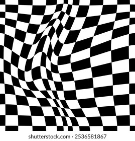 Psychedelic checkerboard or race flag. Visually striking design featuring black white colors. Trippy geometric shapes. Optical illusions, retro art, mesmerizing visual vintage vector illustration