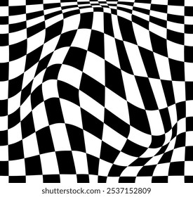 Psychedelic checkerboard or race flag. Visually striking design featuring black white colors. Trippy geometric shapes. Optical illusions, retro art, mesmerizing visual vintage vector illustration