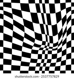 Psychedelic checkerboard or race flag. Visually striking design featuring black white colors. Trippy geometric shapes. Optical illusions, retro art, mesmerizing visual vintage vector illustration