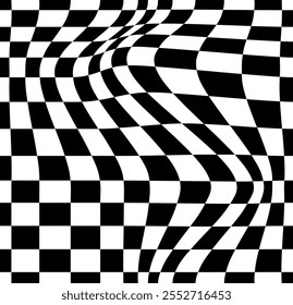 Tablero de ajedrez psicodélico o bandera de carrera. Diseño visualmente llamativo con colores blanco y negro. Trippy Formas geométricas. Ilusiones ópticas, arte retro, fascinante Ilustración vectorial visual vintage