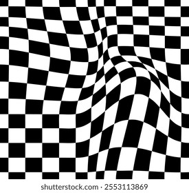 Tablero de ajedrez psicodélico o bandera de carrera. Diseño visualmente llamativo con colores blanco y negro. Trippy Formas geométricas. Ilusiones ópticas, arte retro, fascinante Ilustración vectorial visual vintage