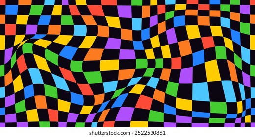 Psychedelic checkerboard rainbow pattern. Visually striking design featuring full spectrum colors, trippy geometric shapes. Optical illusions prism reflection, bright light visual vector illustration