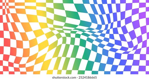 Psychedelic checkerboard rainbow pattern. Visually striking design featuring full spectrum colors, trippy geometric shapes. Optical illusions prism reflection, bright light visual vector illustration