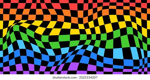 Psychedelic checkerboard rainbow pattern. Visually striking design featuring full spectrum colors, trippy geometric shapes. Optical illusions prism reflection, bright light visual vector illustration