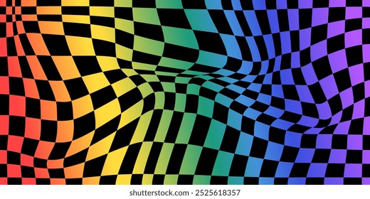 Patrón de arco iris de tablero de ajedrez psicodélico. Diseño visualmente llamativo con colores de espectro completo, Formas geométricas trippy. Reflexión óptica del prisma de las ilusiones, Ilustración vectorial visual de la luz brillante