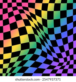 Psychedelic checkerboard rainbow pattern. Visually striking design featuring full spectrum colors, trippy geometric shapes. Optical illusions prism reflection, bright light visual vector illustration